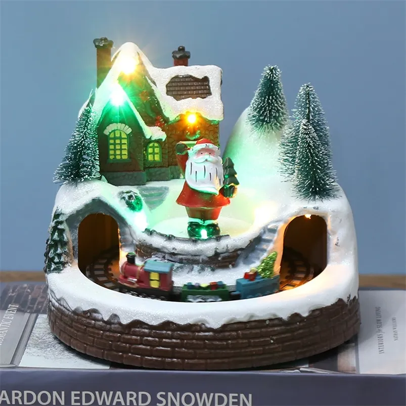 クリスマスデコレーションビレッジサンタクロース光る音楽飾りツリー回転列車の家のギフトクラフト220921
