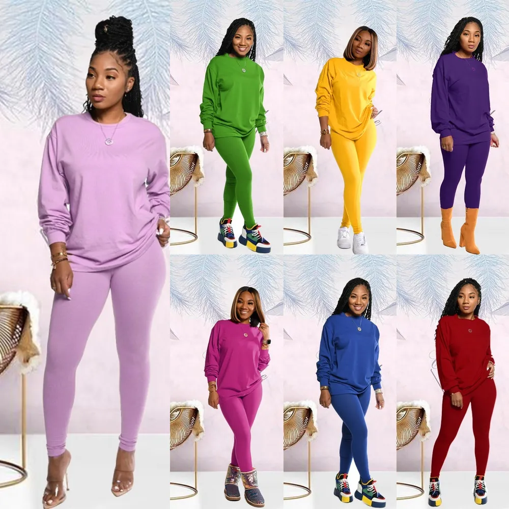 H￶stvinterkvinnor Tracksuits Tv￥delar Kl￤der Solid Color Cotton Leggings Pants Outfits Plus Size Sweatsuits S-XXL