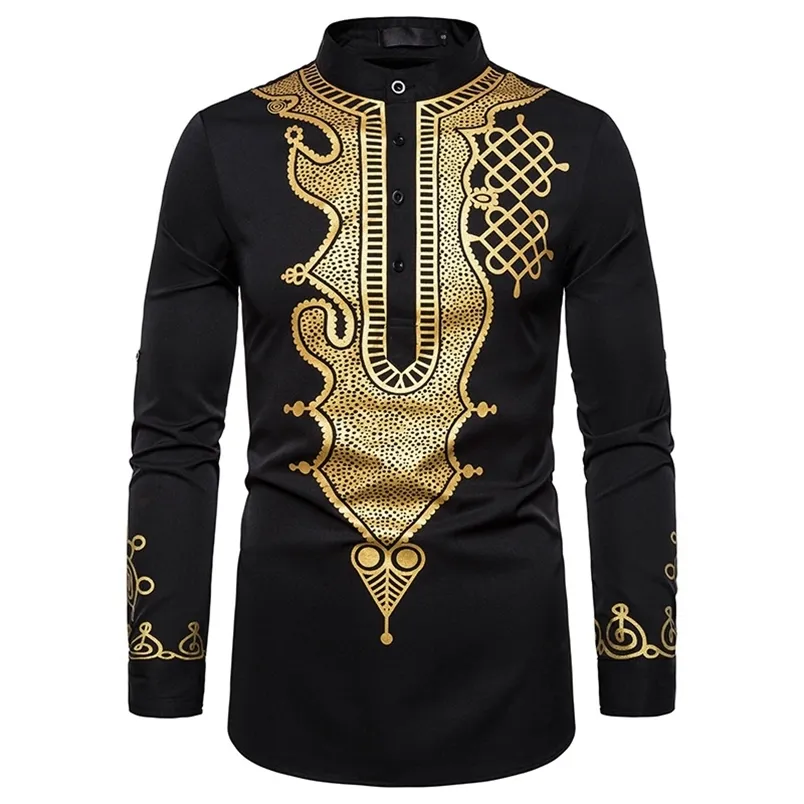 M￤ns casual skjortor l￥ng￤rmad lyxguld blommig tryck Henley etnisk stil stativ coller afrikansk dashiki 220920