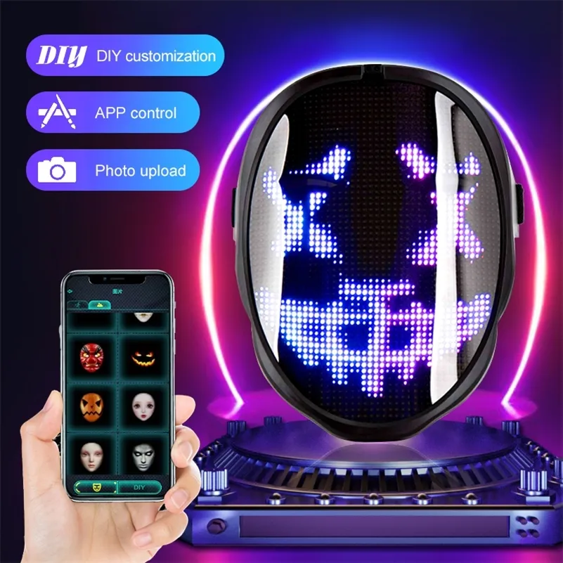 Máscaras de fiesta LED a todo color Cambio de cara Brillante Control de aplicación DIY Imagen programable Halloween Cosplay Decoración 220920
