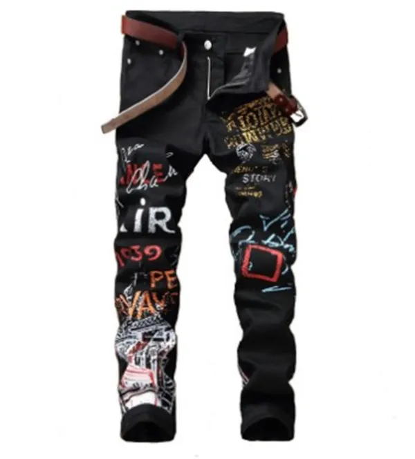 Jeans för män Modetryckta män Graffiti Streetwear Harajuku Hip Hop Jeansbyxor Svart Vit Elastiska Slim Pencil Byxor Herr