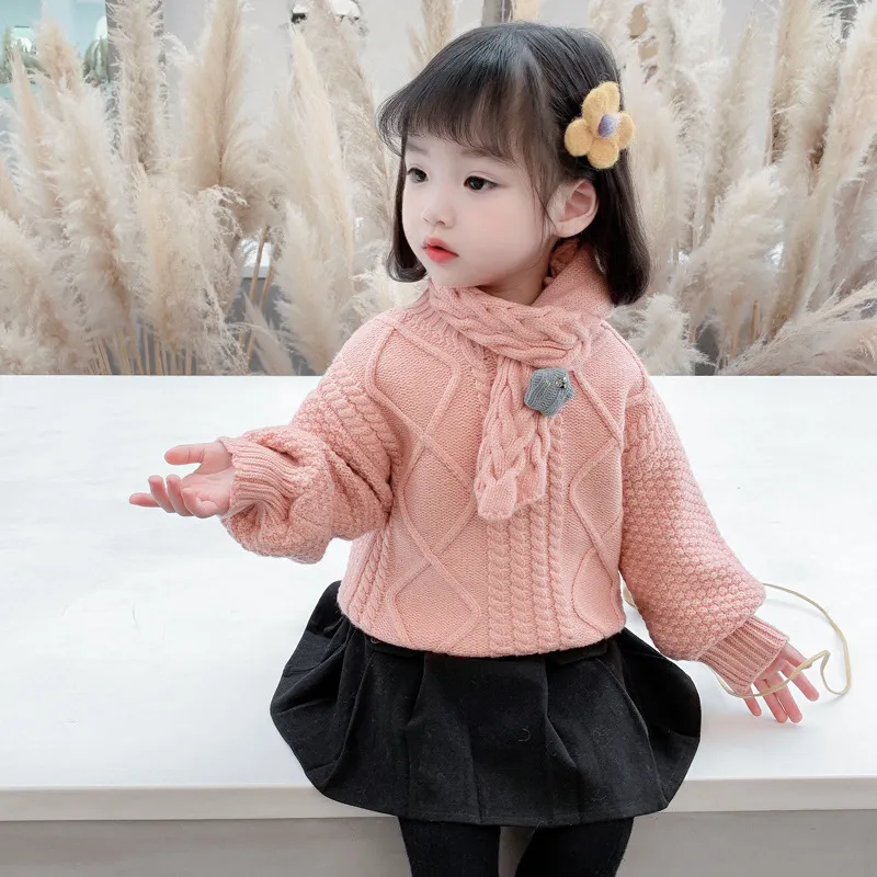 Pullover Girls Sweater Kids Baby's Coat Outwear Send Scarf Plus Velvet Thicken Warm Winter Autumn Knitting Tops Pure Cotton Children 220921