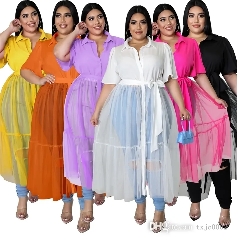 Vestidos camiseros de talla grande para mujer XL-5XL camisas de manga corta diseñador de verano mujer gorda vestido informal cosido de malla de gasa