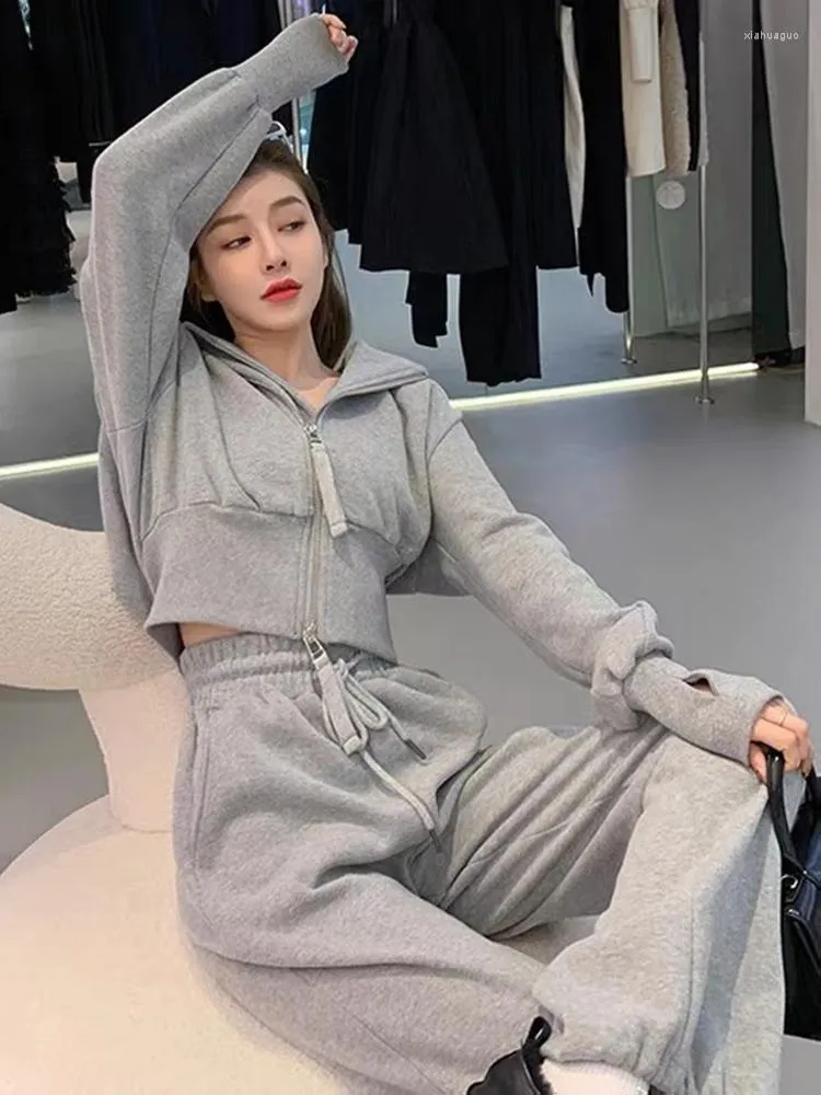 Kvinnors tvåbitar byxor Kvinnor Casual Grey Hooded Sweatshirts Tracksuit Women Coat Double Zip Up Crop Top Drawstring Midja Sweatpant