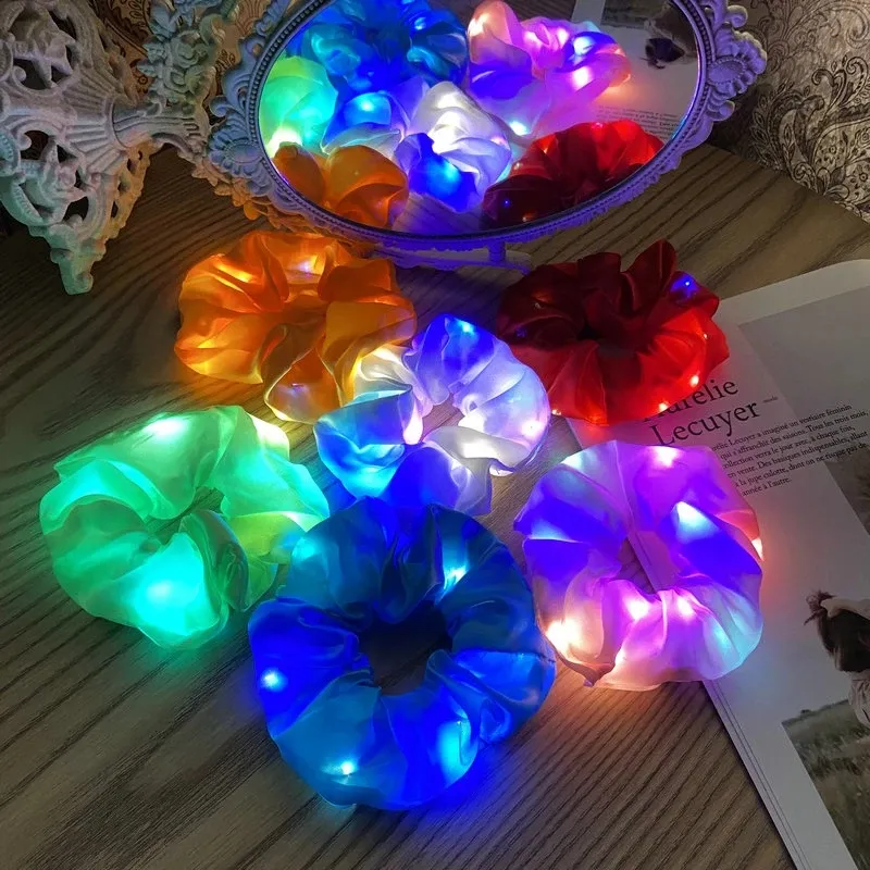 Moda liderada bandas de cabelo elásticas luminosas mulheres corda de cabelo cetim Scrunchies Glow Hair Acessórios Halloween Festa de Natal de Cabeça 20pcs/