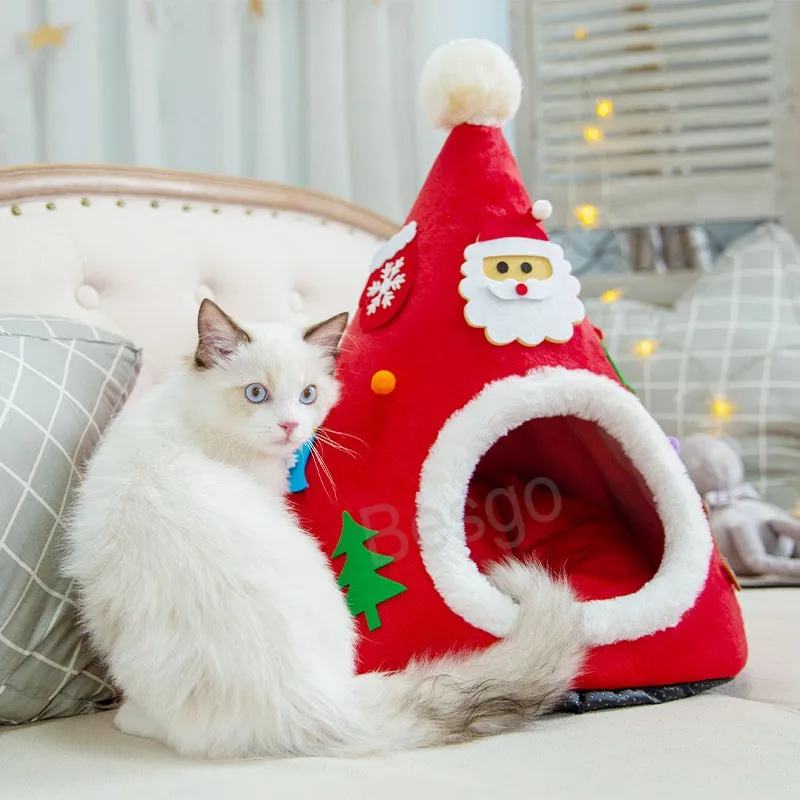 가을 겨울 따뜻한 애완 동물 고양이 침대 크리스마스 모자 모양 애완 동물 둥지 반추