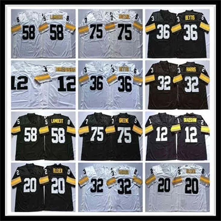 WSKT Erkekler Retro Futbol 12 Terry Bradshaw 20 Rocky Bleier 32 Franco Harris 36 Jerome Bettis 58 Jack Lambert 75 Joe Greene Jersey Beyaz Siyah