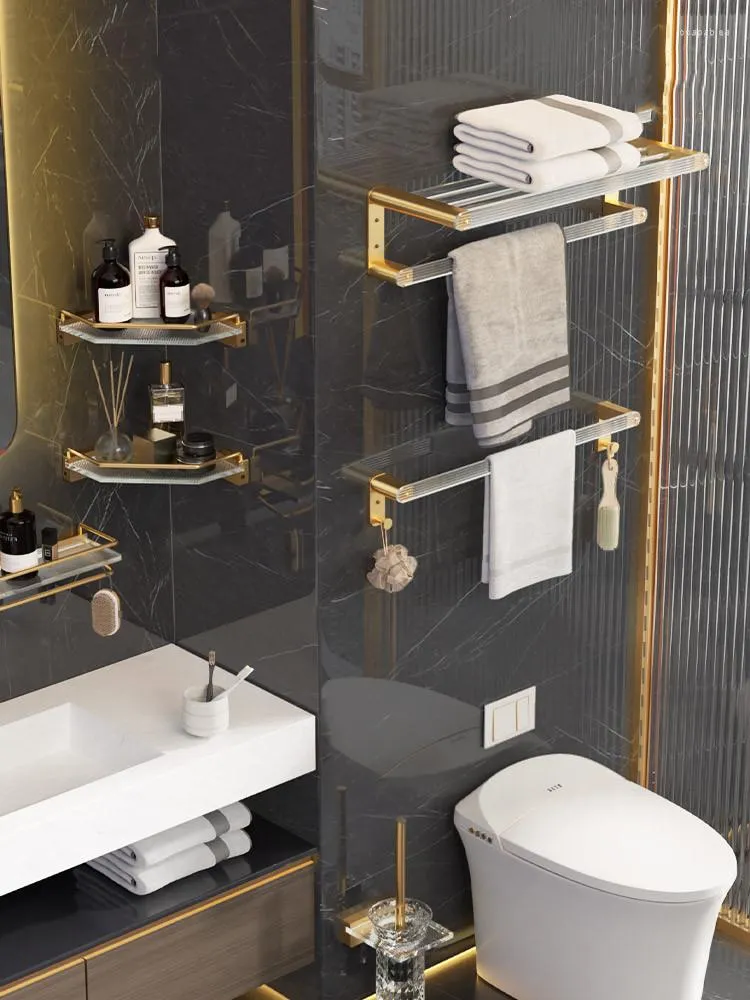 Bath Accessory Set Bathroom Accessories Acrylic Gold Space Aluminum Shelf Tissue Rack Hook Towel Rack/Bar Toilet Brush Holder Hardware