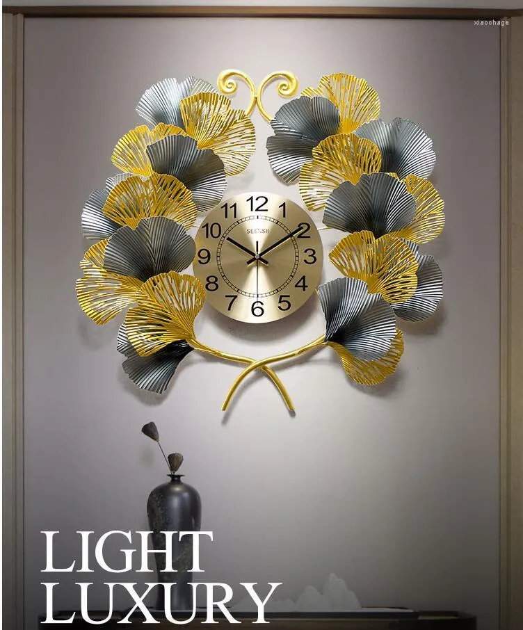 Wall Clocks Chinese Wrought Iron Ginkgo Leaf Clock Ornaments Home Livingroom Mural Decoration El Office Sticker Crafts