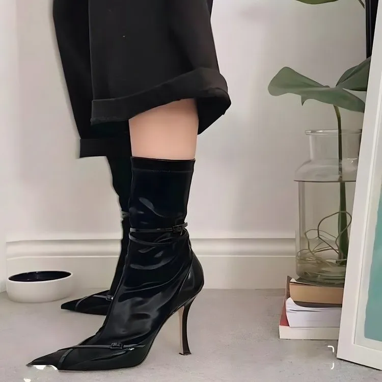 Bottines à talons hauts pour femmes, bottes chaussettes sexy, extensibles, mode printemps-automne 2023, robe brillante en cuir verni, Striptease Bar Goth Cool