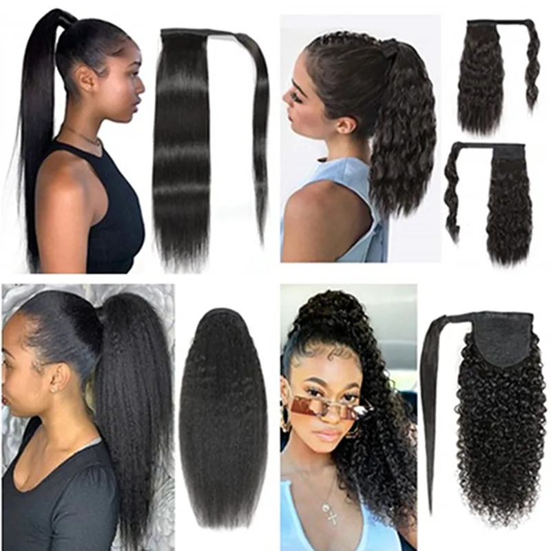 Brazilian Human Hair Magic Paste Ponytail with Comb Clip In Ponytail Wrap Around Extension for Black Women straight wavy curly Natural Black Color