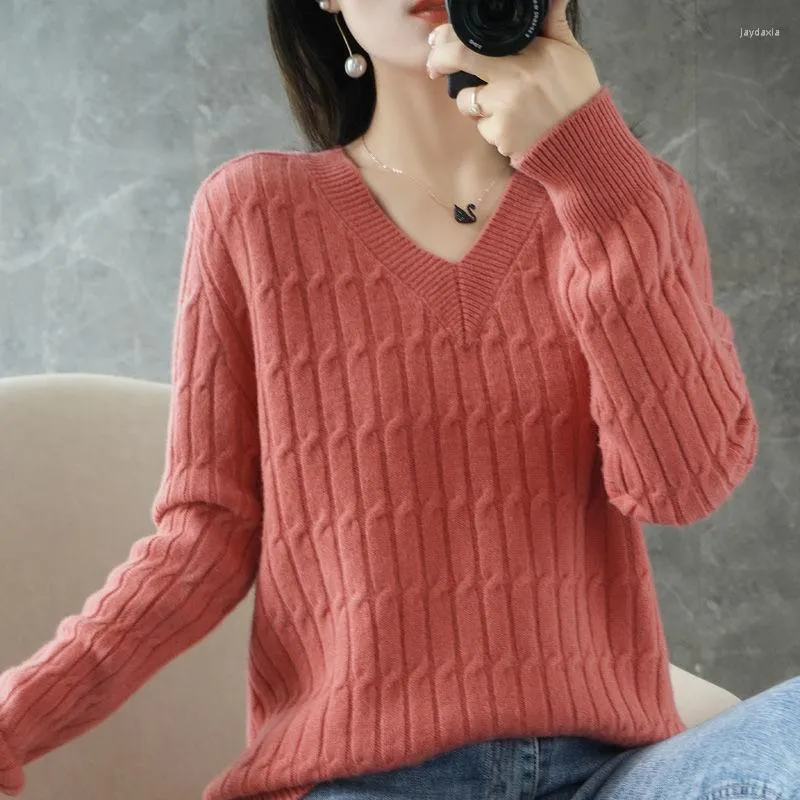 Kvinnors tröjor Autumn Winter Cable-Stick Sweater Women's Loose Large Size Top V-Neck Long Sleeve Pullover