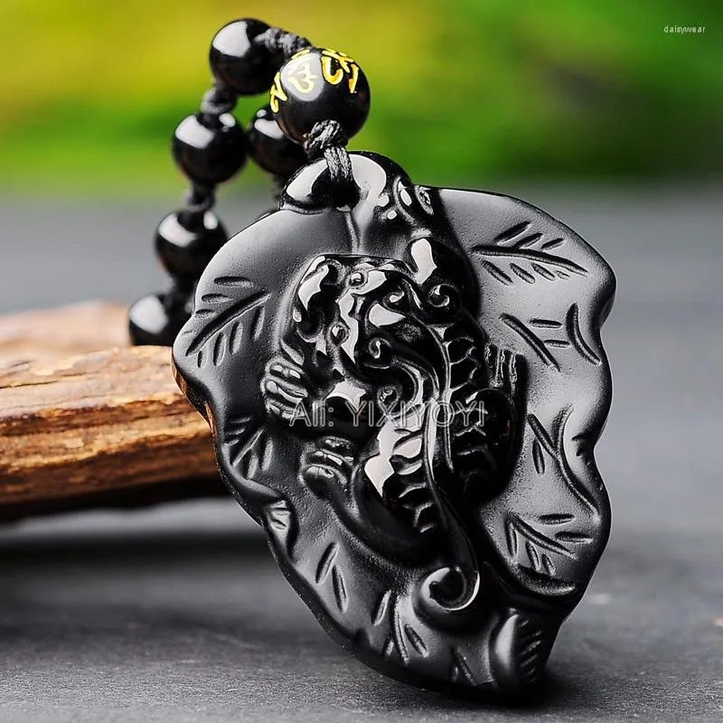 Pendant Necklaces Beautiful Natural Black Obsidian Hand Carved Chinese Blessing Tree Leaf PiXiu Lucky Pendants Beads Necklace Fine Jewelry