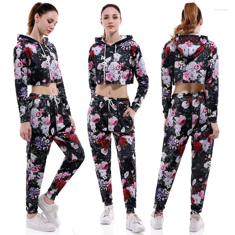 Kvinnors tvåbitar byxor Kvinnor set sexiga navelblommor tryckta huva pullover byxor hoody kostym joggers spårdräkt sport hoodies