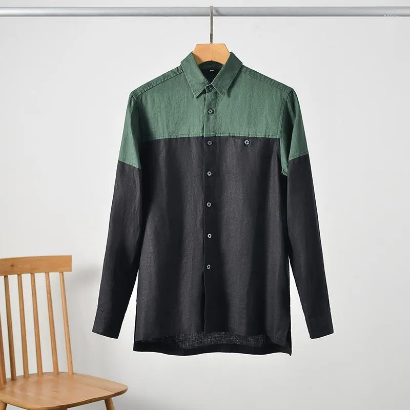 メンズカジュアルシャツa079秋のファッションメンズリネンシャツグリーンブラックパッチワークロングスリーブボタンアップビジネスブラウスビンテージ用途トップス