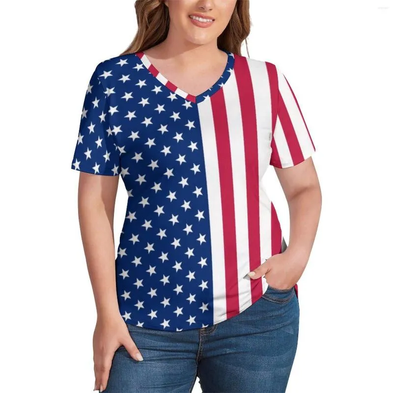 Camicia Rosso Bianco Blu Stella T Plus Size Patriottica Bandiera USA Carino S Manica corta Scollo a V Maglietta casual Donna Top grafici sexy