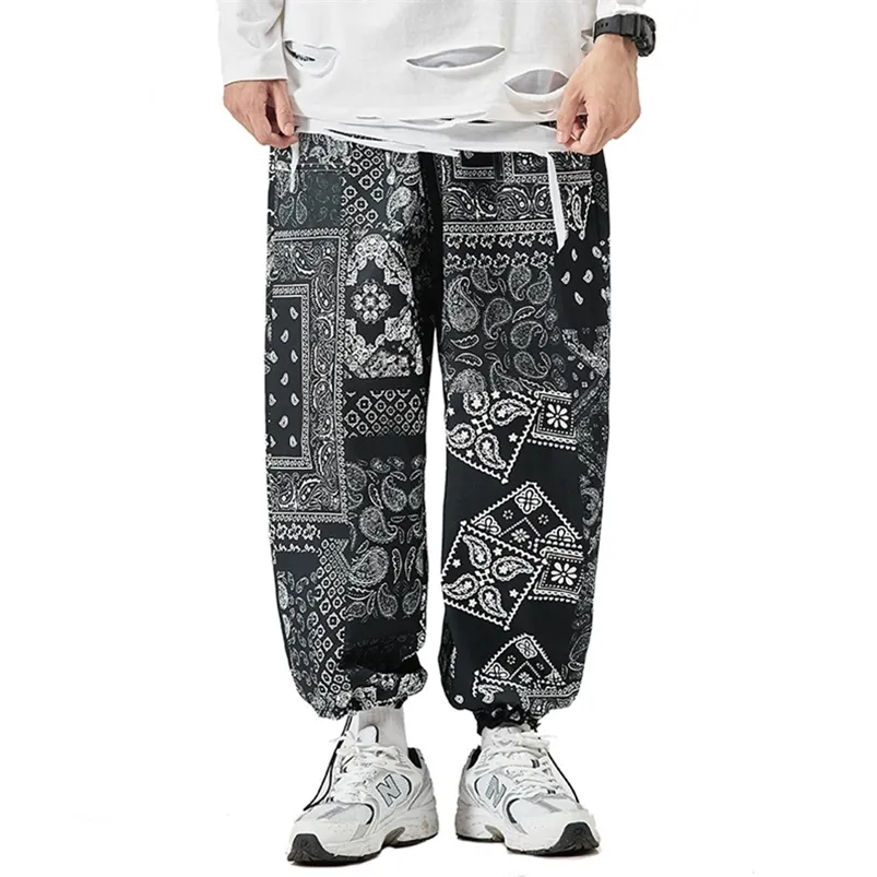 Męskie spodnie Owczesny bandana druk przyczynowy dla mężczyzn w stylu Japan Japonia szeroka noga prosta joggers Spring Streetwear HARAJUU HIP HOP 220922