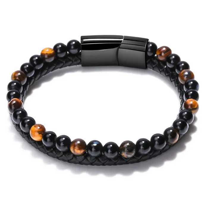 Lava natuursteen tijger oog kralen streng armband rijen lederen armbanden polsband bangle manchet voor mannen mode sieraden