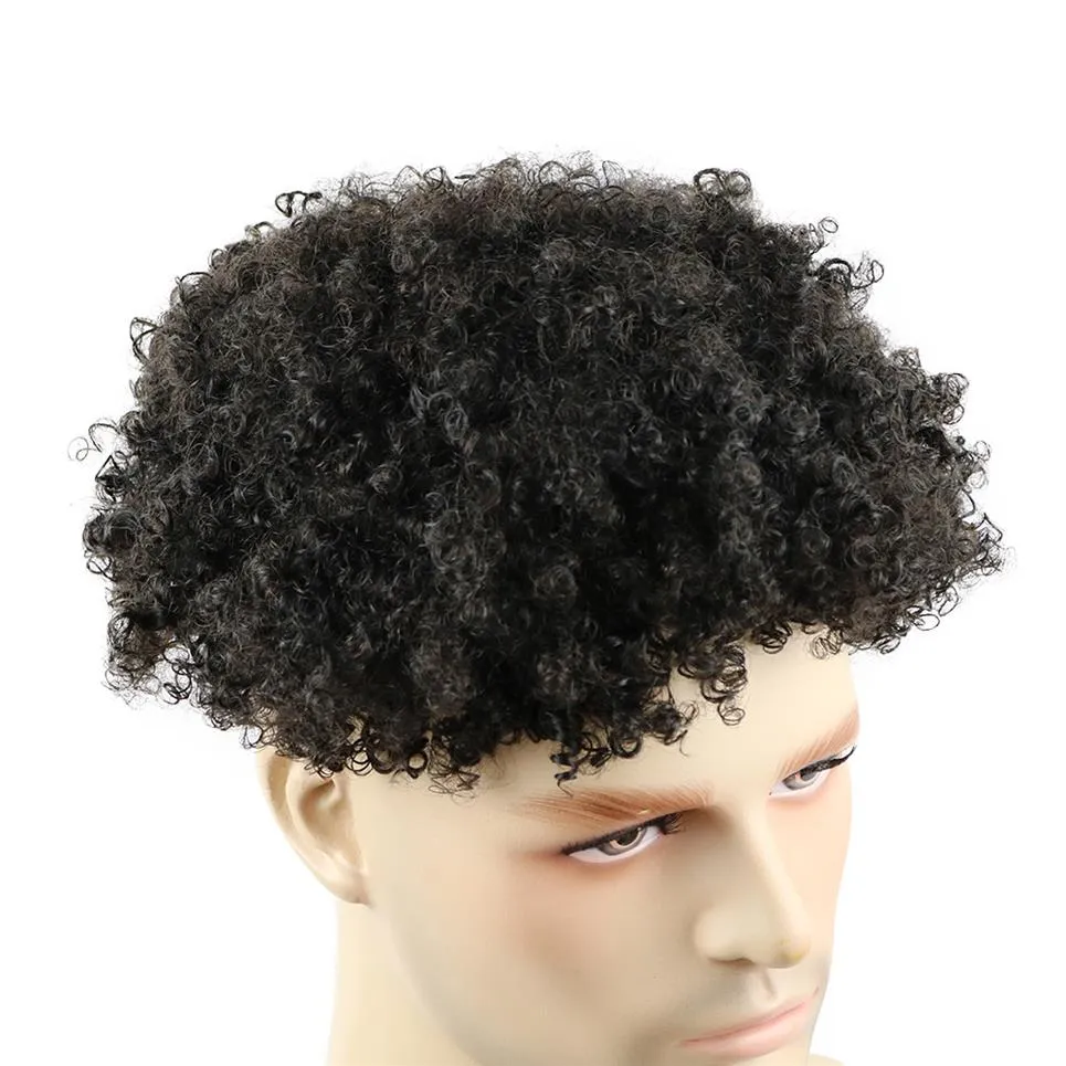 Mens Human Hair Toupee Wig Full Skin 10MM Kinky Curly Replacement
