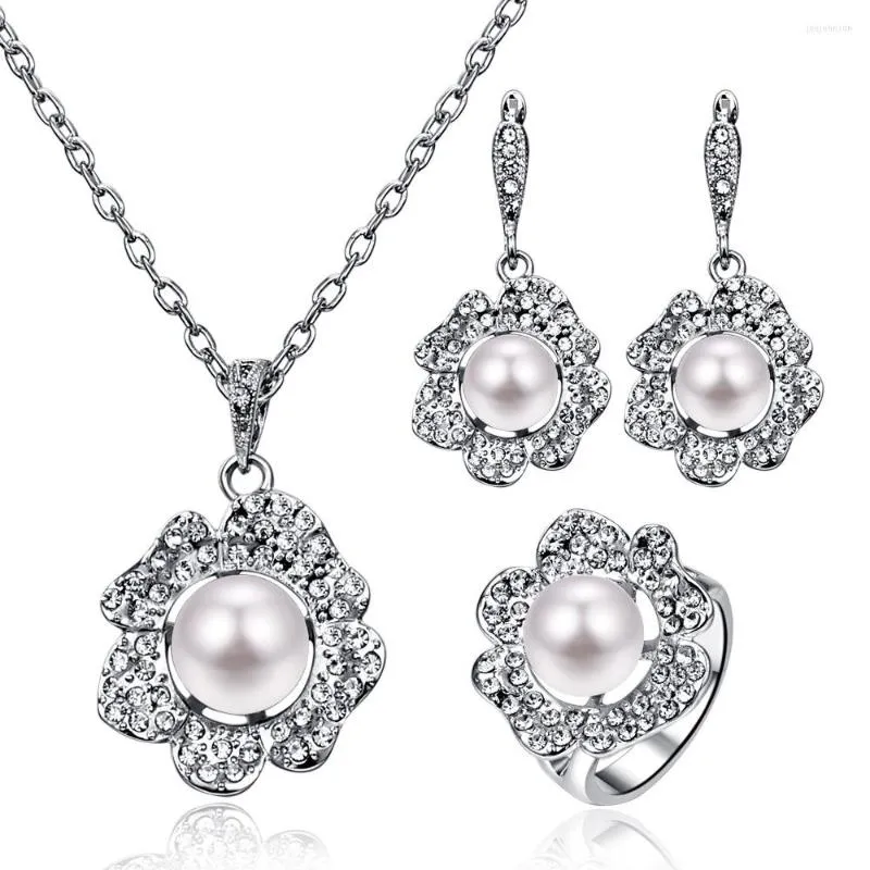 Necklace Earrings Set TY153 Round Silver Pearl Flower Ring Three-piece Wedding Bridal