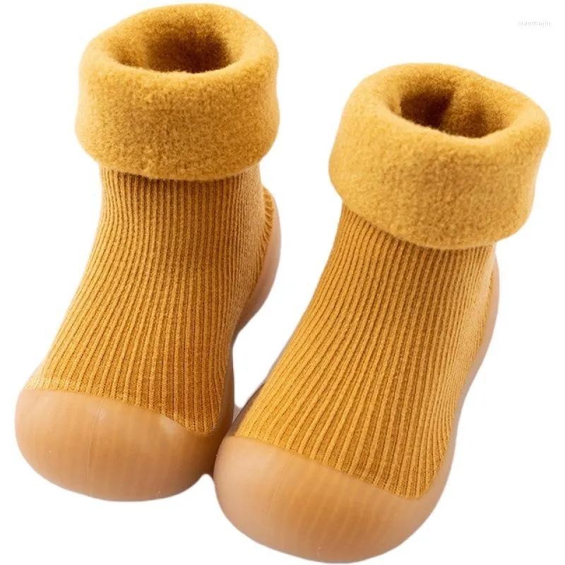 Boots Children Mid-tube Nonsilp Sock Shoes TPE Sole Imitation Cashmere Baby Toddler Floor Winter Plus Velvet Thickened Booties