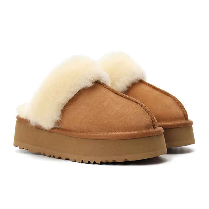 Australien Plate-Forme Pantoufle Designer De Fourrure Diapositives Fluffy Chaussons Bottes De Neige D'hiver Ultra Mini Plate-Forme En Cuir Véritable Fond Épais Mode Femme Chaussons Châtaigne