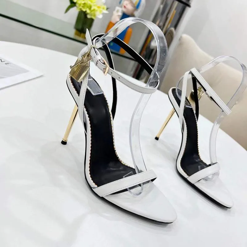 Summer Perfect Sandals Women Shoes Padlock Pointy Naked Sandals Shoes Hardware Lock and key Woman Metal Stiletto Heel Party Dress Wedding EU35-43