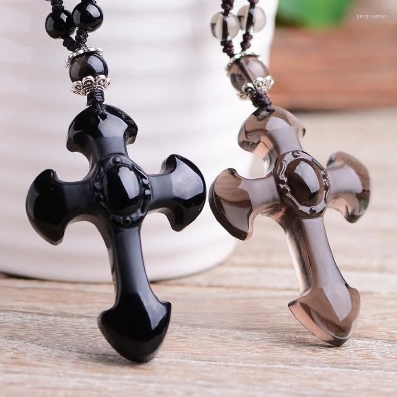 Pendant Necklaces Natural Stone Obsidian Cross Amulet Necklace Hand Carved Pendants With Lucky Free Beads Chain For Women Men Jewelry