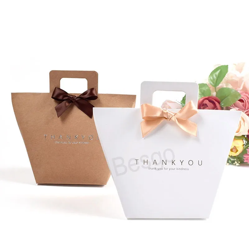 Foldable Kraft Paper Thank You gifty box with Handle...