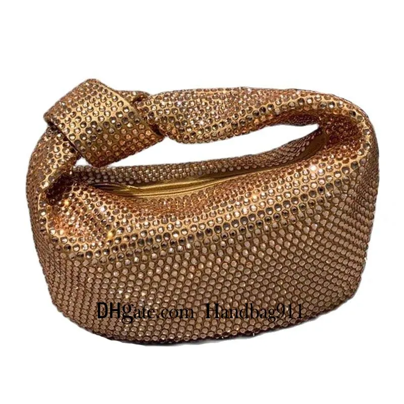 Borsa da pranzo scintillante con strass dorati Borsoni Borsa da festa con foratura a mano Brillante diamante annodato Maniglia Frizione Lettera Stampa Baguette Borsa portafoglio moda