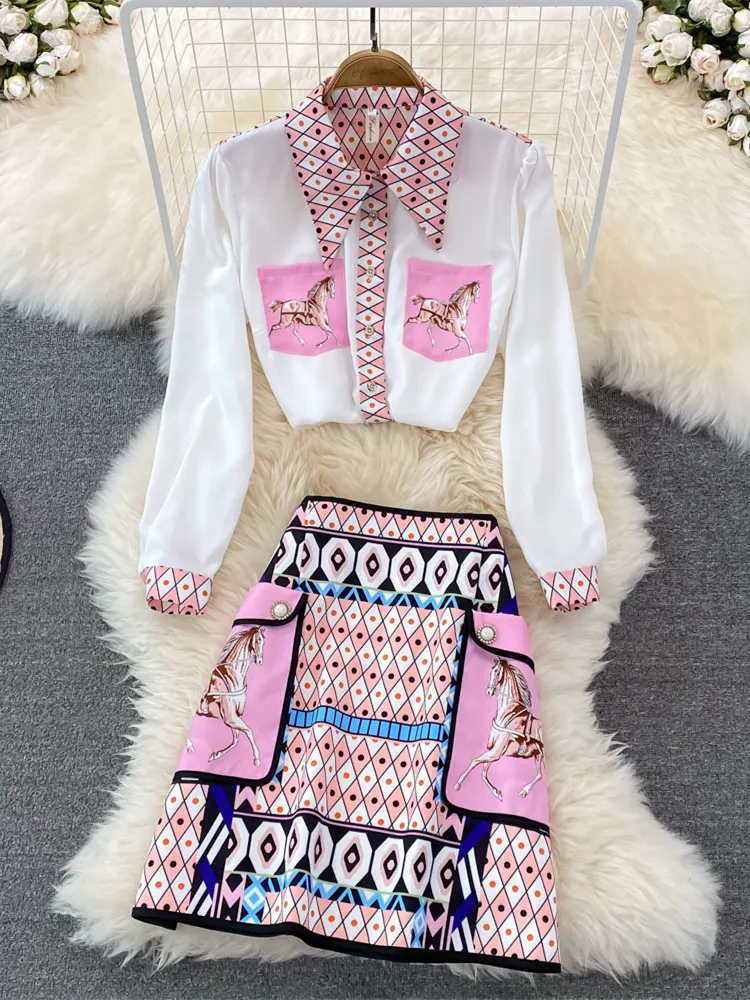 Two Piece Dress Fashion Runway Summer Skirt Suit Women's Horse Geometry Print Blouse And A Line Pocket Buttons 2 Set 220922