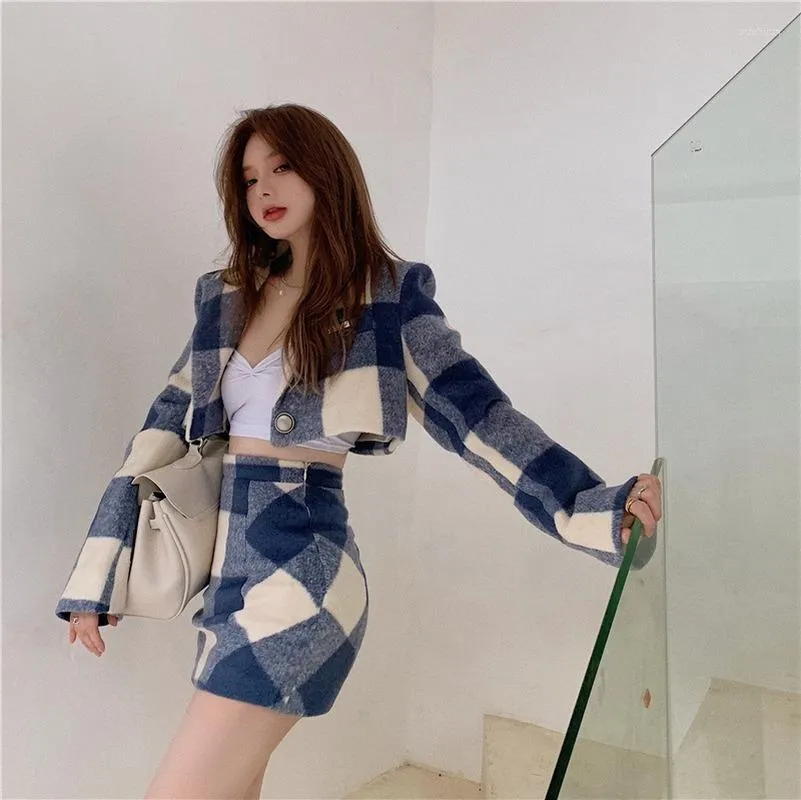 Rokken 2022 Zoete wollen plaid mini zomer dames preppy stijl schattige los blauwe en witte rok sexy chic high taille