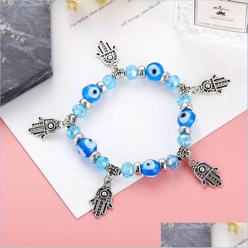 Brins de perles Modèles d'explosion Brins Yeux bleus turcs Bracelet de perles émaillées Bijoux à la main musulmane Fatima Palm Evil Ey Dhseller2010 Dhq19