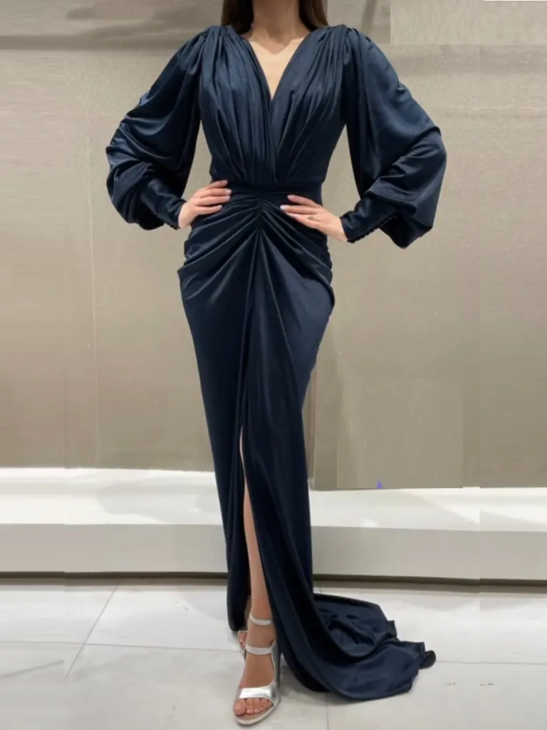 long sleeve satin dresses Gia Chic A-Line Pleated Long Sleeves Satin Formal Dresses, Royal Blue