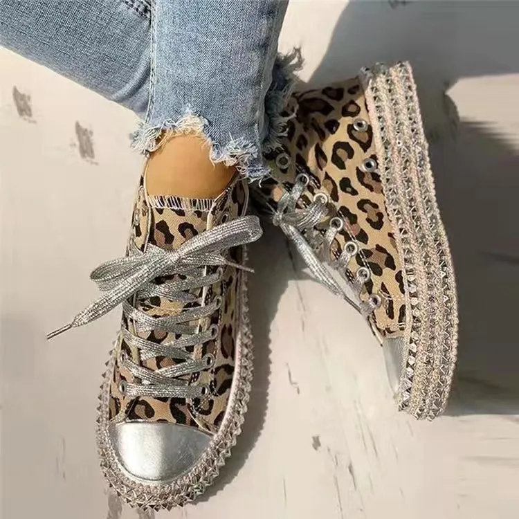 women's Flats Vulcanized shoes boots canvas ankle shoes crystal autumn winter round toe lace-up fashion motorcycle platform Leopard print