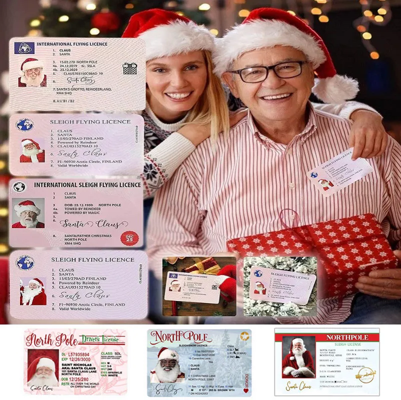 Kerstcadeaus Santa Claus Sleigh Riding License Flight Cards ID Xmas Tree Ornament Decoration Old Man Riber Licentie Entertainment Props Nieuwjaarswensen