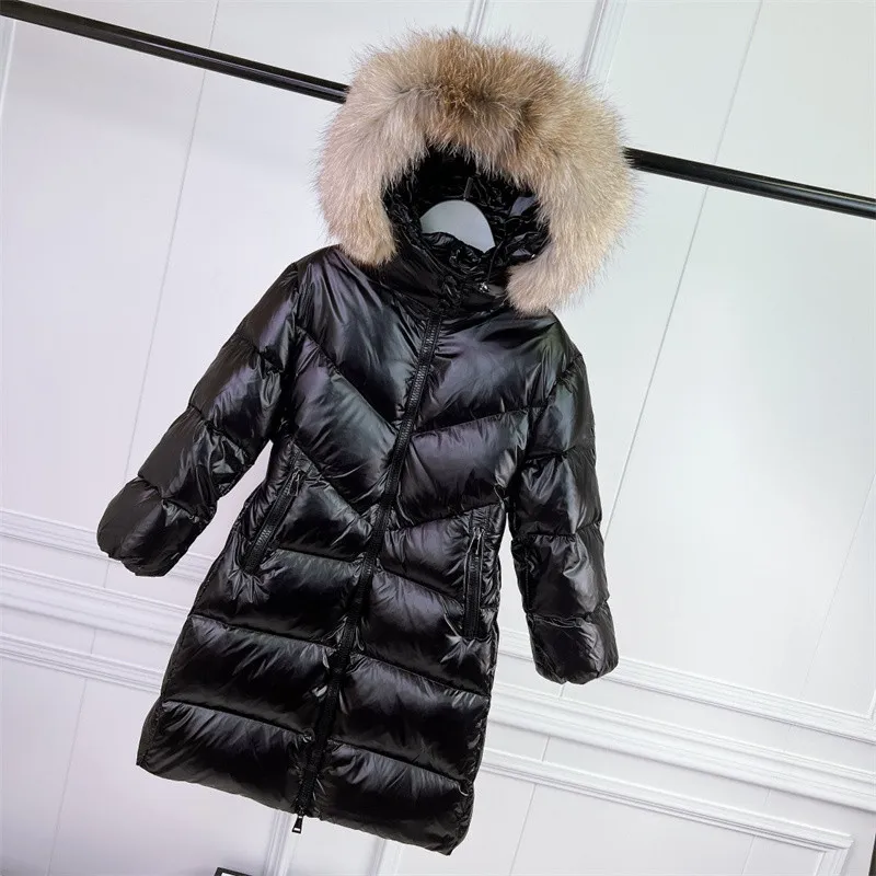 Bébé Designer Vêtements Vers Le Bas Manteau D'hiver Nouvelle Plume Empereur Fille Oie Blanche Outwear Grand Col De Plume Épaissie Mince Capuche Longue A-ligne Veste Enfants Vêtements