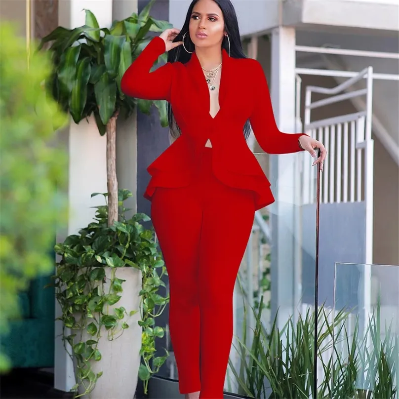 Women's Two Piece Pants Women Winter set Tracksuit Full Sleeve Ruffles Blazers Suit Set Office Lady business wear uniform GL610 220922