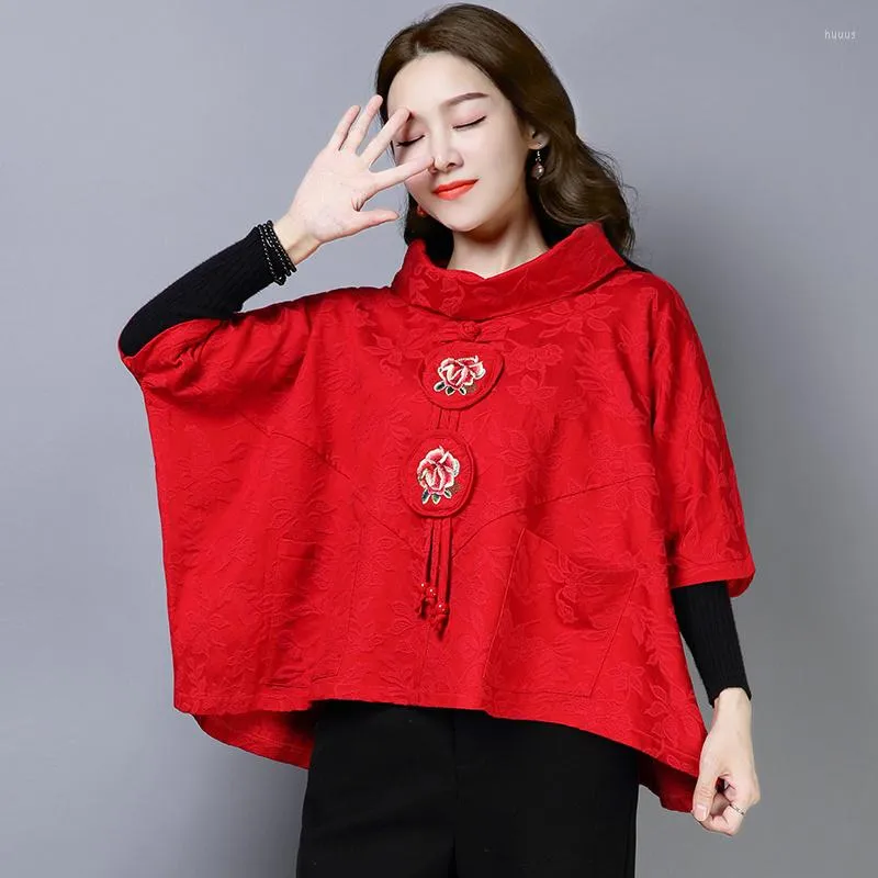 Ethnic Clothing Patchwork Cloak Coat Cotton Linen Pullover Women Loose Short Oriental Chinese Turtleneck National Style Female Retro Tang