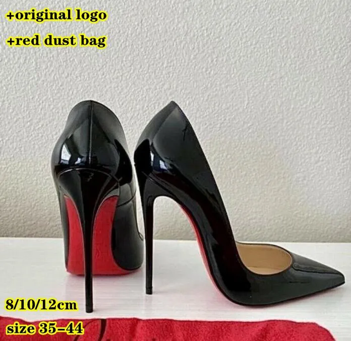 Designer mulheres sapatos de salto alto vermelho brilhante bottoms 8cm 10cm 12cm saltos finos preto nu patente couro mulher bombas com saco de poeira 34-44