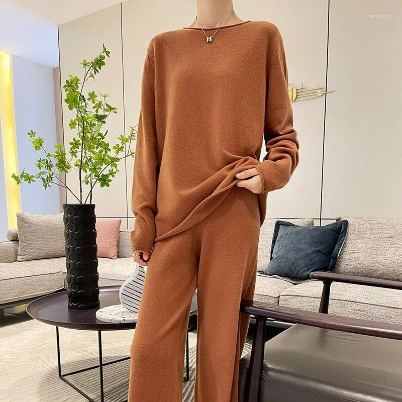 Women's Two Piece Pants Women's Spring And Autumn Women's Round Neck Curled Sweater Lazy Fashion Casual Knitted Pure Wool Two-Piece