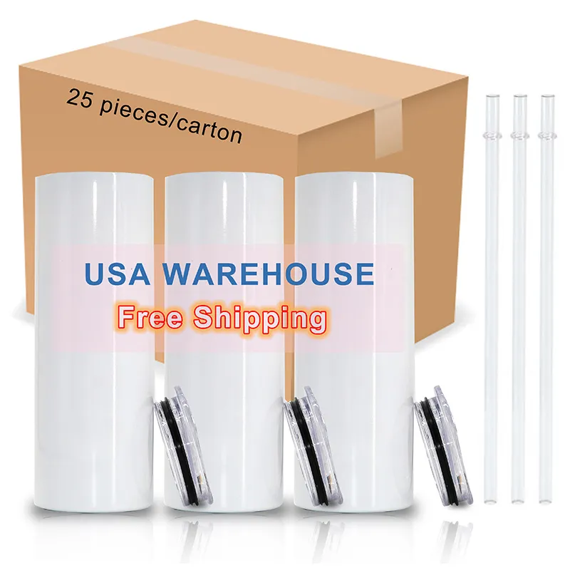 USA Stock White Blank 20oz SubliMation Straight Tumbler Isolated Cylinder Water Cup Diy Heat Transfer Printing Double Wall Thermos Drinkware With Plastic Straw