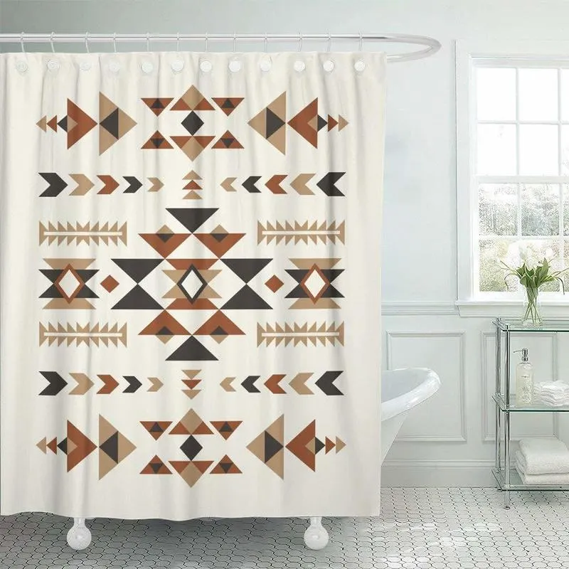 シャワーカーテンカーテンブラウンナバホ民族パターンデザインメキシコの抽象ペルーの部族の幾何学的なアステカ装飾バスルーム220922