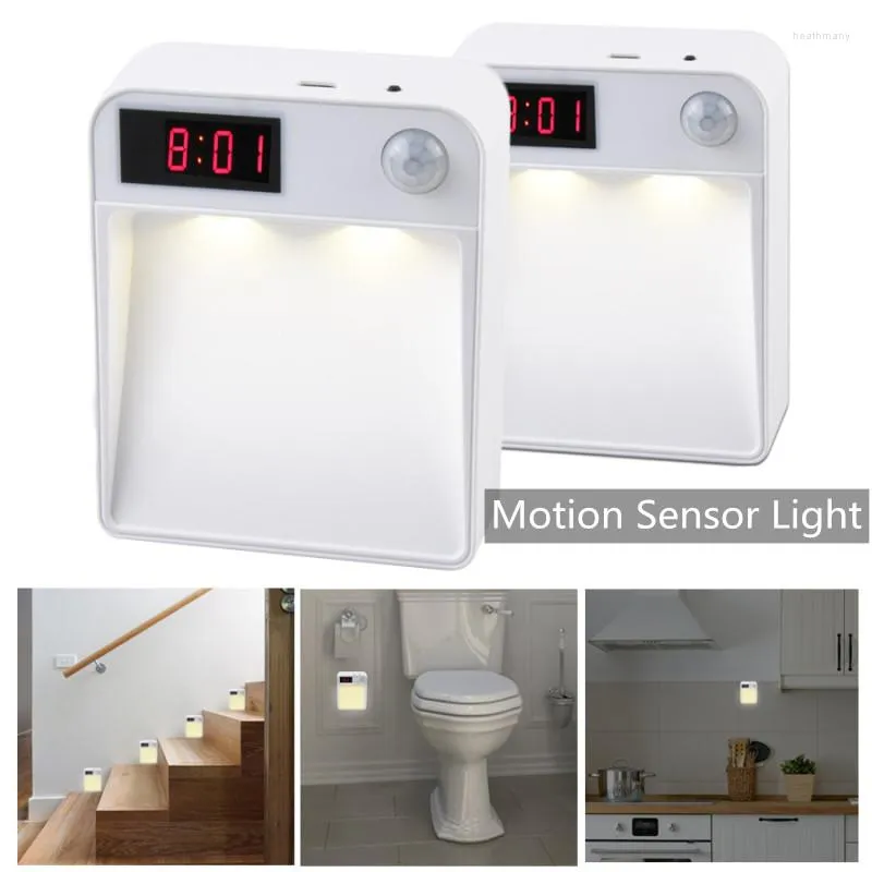 Night Lights LED Light Wireless PIR Motion Auto Sensor Lamp Hallway Closet Stair Room Lamps With Clock Bedroom Home Wardrobe Decor
