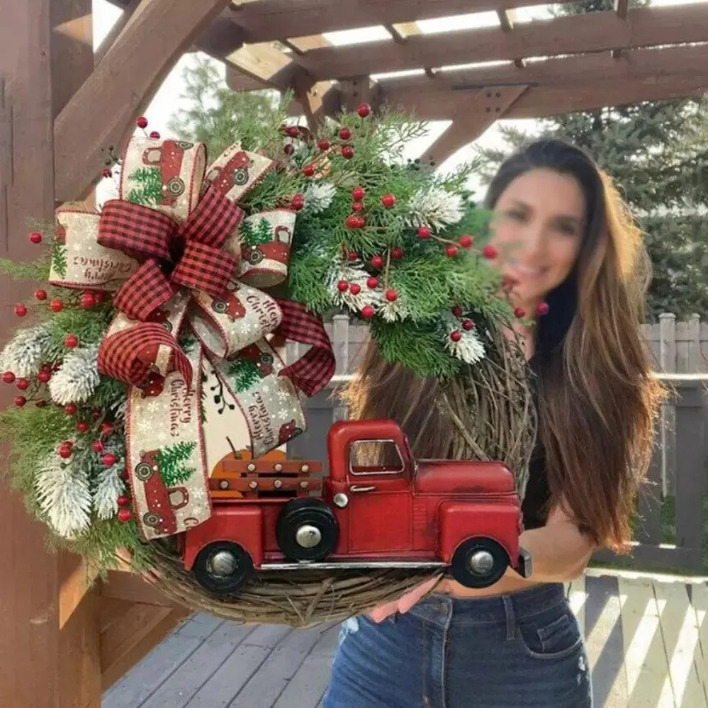 Nuovo 2022 Red Truck Ghirlanda di Natale Finestra Porta d'ingresso Decorazione Appeso a parete per decorazioni di Natale Puntelli Festa a casa C0622W WLY935