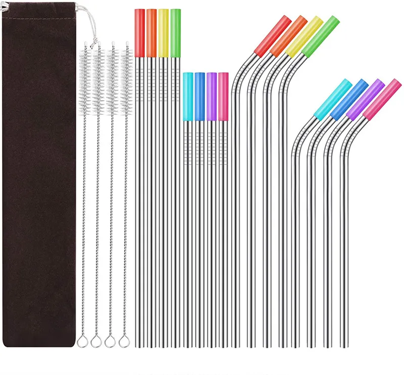 Stainless Steel Drinking Straws Portable Metal Colors Straw Brushes Silicone Mouth 16pcs Set