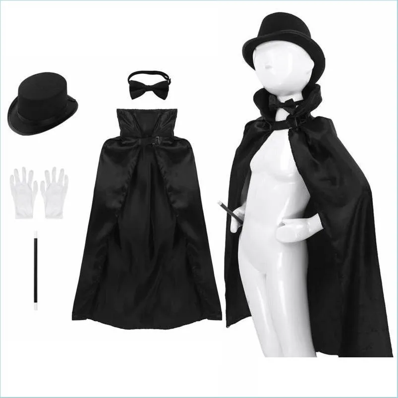 Décoration de fête 5pcs enfants magicien cosplay costume tenue cape chapeau baguette magique gants cravate ensemble pour jeu de rôle Halloween Gran Bdebag Dh7Rl