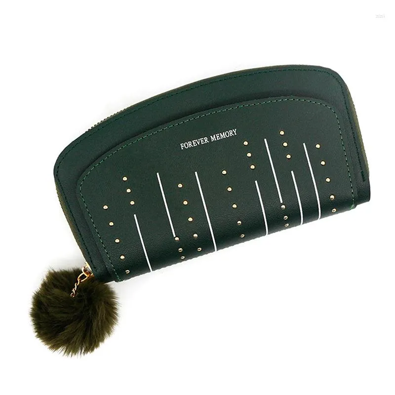 Wallets Women PU Leather Fur Ball Ornaments Lady Retro Rivet Hasp Long Purse Outdoor Portable Bank Card Phone Hand Bag