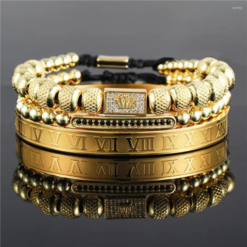 Strand 3PCS/Lot Luxury Classic CZ Crown Mens Bracelet Male Fashion Men Charm Roman Numerals Stainless Steel Brazalete