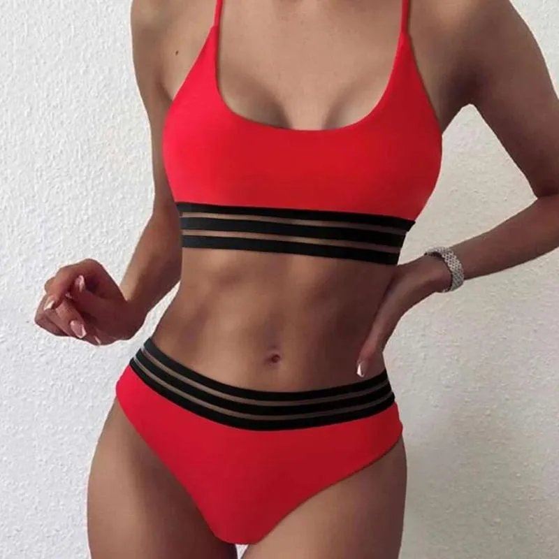 Women's Swimwear Women's Mesh Bikini Set Swimsuit Net Yarn Filled Bra Push Up High Waist Hollow Out Solid Color Bathing Beachwear